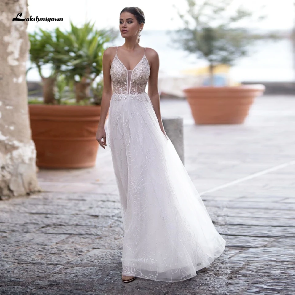 

Lakshmigown пикантное свадебное платье для невесты, Пляжное платье 2020, прозрачное белое Тюлевое свадебное платье с бусинами и V-образным вырезом в стиле бохо, свадебные платья