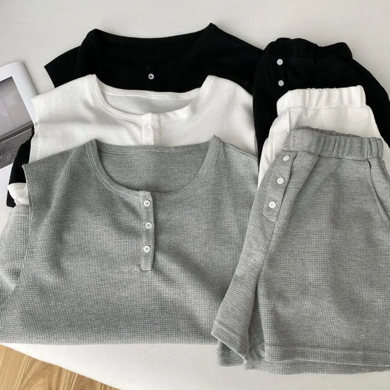 

Waffle Casual Sleeveless T-shirt Suit Girl Summer New Cotton Vest Loose Wide-leg Sports Shorts Yoga Fitness Two-piece Suit