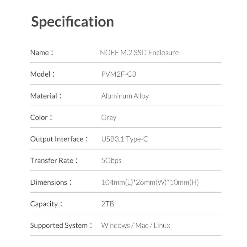 ORICO PVM2F-C3 M2 SSD жесткий диск чехол USB 3,1 Тип-C 5 Гбит/с M.2 NGFF SSD HDD корпус 2230 2242 2260 2280 m.2 SSD чехол для портативных ПК