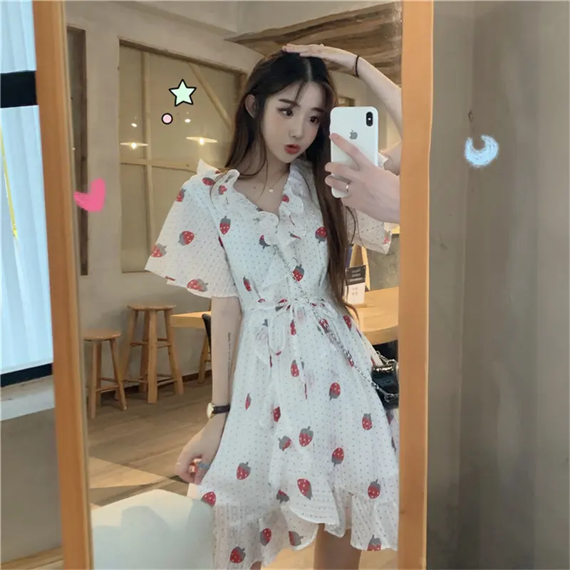 Мини-платье женское шифоновое ТРАПЕЦИЕВИДНОЕ с коротким рукавом и V-образным