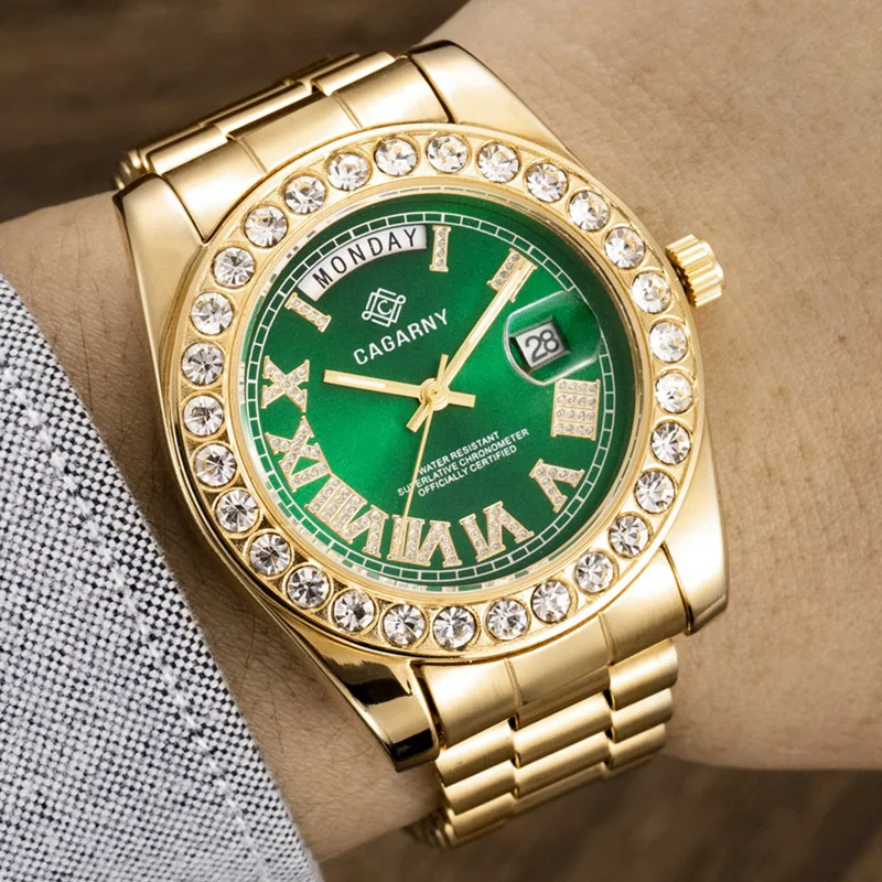 

Роскошные золотые часы Cagarny, Мужские кварцевые аналоговые часы из нержавеющей стали, календарь, отображение недели, водонепроницаемые нару...