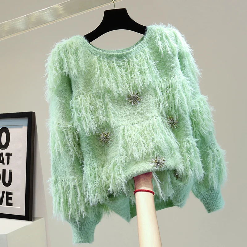 

Heavy Industry Beads Diamond Womens Sweater 2021 Autumn Winter Tassel Mohair Knitwear Top Fashion Knit Jumper Ladies Sweaters