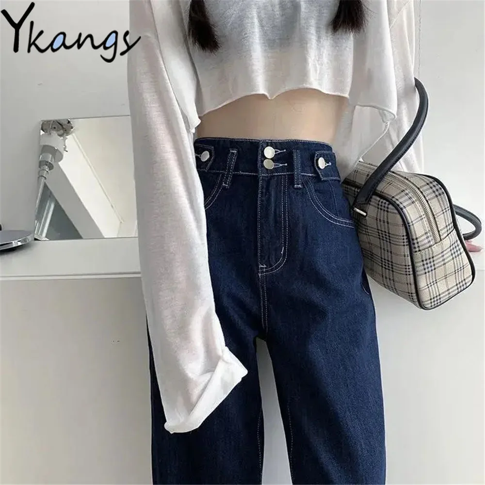 

Buttons High Waist Desigual Wide Leg Jeans Harajuku Loose Vintage Dark Blue Women Denim Pants Wild Streetwear Korean Trousers