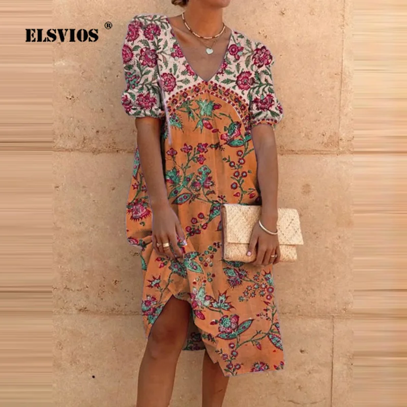 

Print Loose Casual Puff Sleeve Dress Elegant Sexy Women's Vintage Floral Vestidos Summer Female V-Neck Boho Beach Midi Sundress