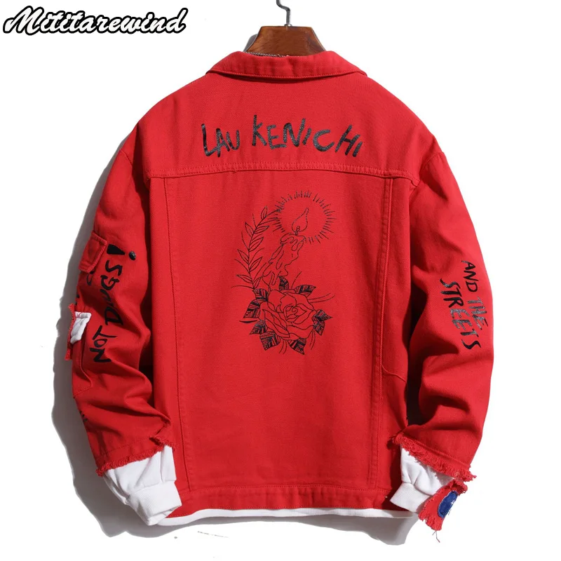 

2021 New Spring Denim Jacket Men Fashion Letter Flower Printed Red Jeans Coat Men Fake Two-pieces Veste Jeans Homme S-XXXL