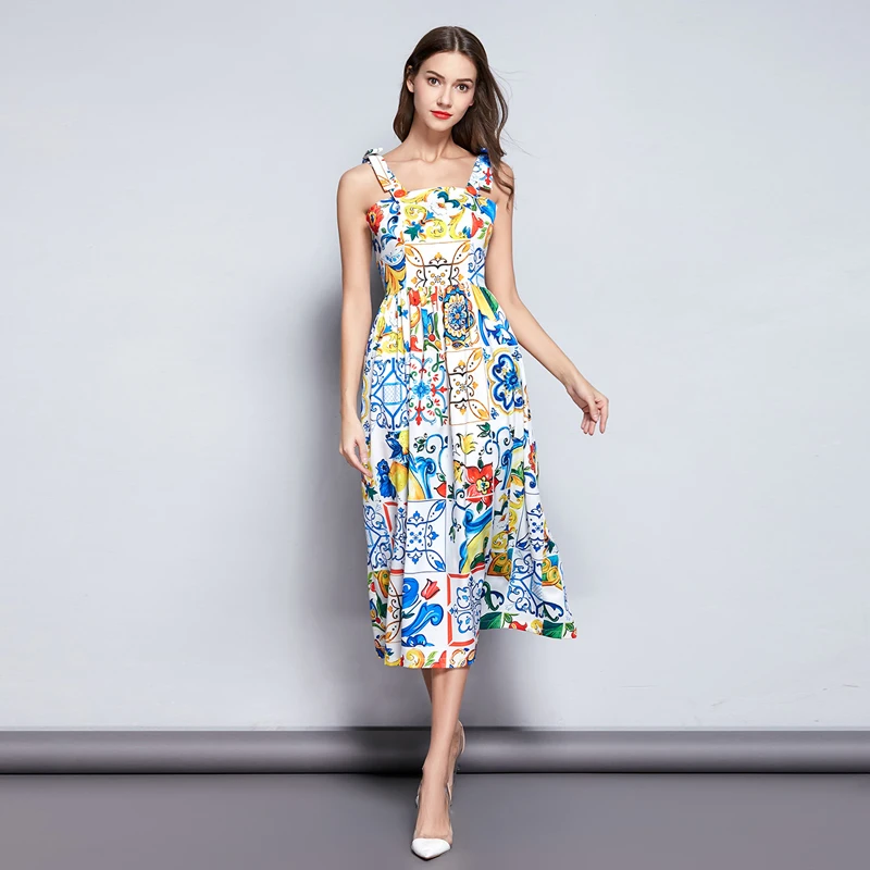

Fashion Runway Summer Dress 2021 Women's Red Rose Vacation Vestidos Long Bow Spaghetti Strap Blue White Porcelain Floral Dress