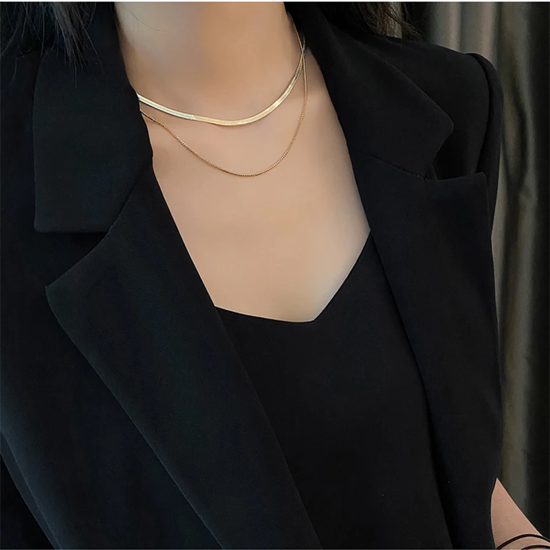 

MEYRROYU Stainless Steel Double Layer Snake Bone Necklaces Gold Color Silver Color Chain Choker 2021 New For Women Party Jewelry