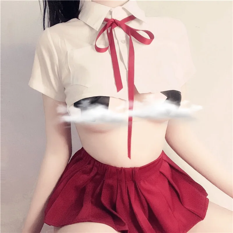 

Womens Short Shirt Suit Student Uniform School Girl Cheerleader Cosplay Customes Japanese Tops with Ribbon Mini Pleated Skirt