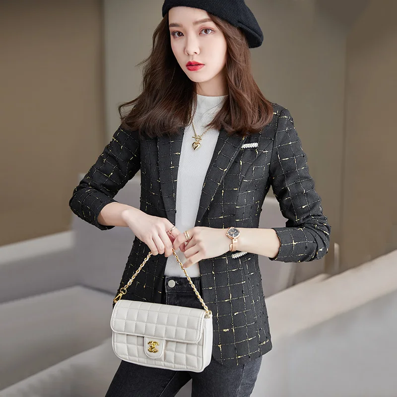 Boliyae Autumn and Winter New Plaid Long Sleeve Blazer Women Fashion Black Slim Jackets Female Casual Office Tops Coat Clothing