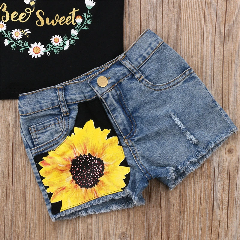 AA Kids Baby Girls Sleeveless Tops T-shirt Denim Sunflower Pants Outfit Set Clothes