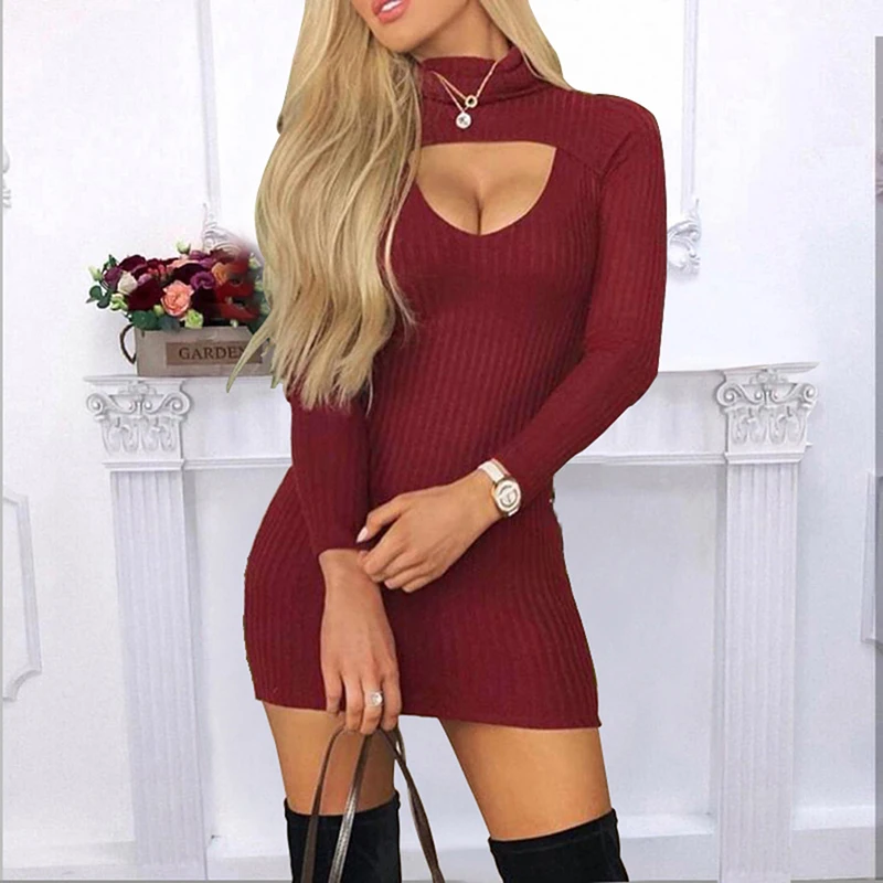 

Autumn Fashion High Collar Hollow Knitting Dress Women Hot Pure Elegant High Waist Bodycon Street Casual Mini Dress