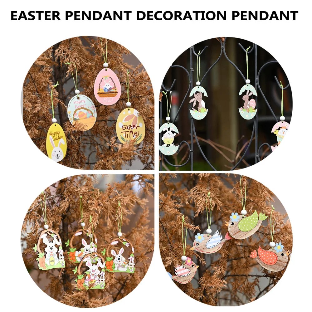 

14pcs Creative Easter Themed Pendants Wooden Hanging Decors Party Supplies