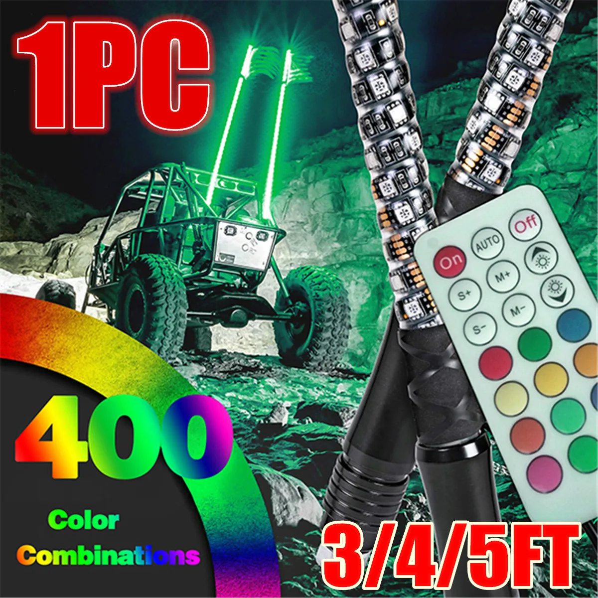 

3/4/5FT LED Whip Light RGB RZR LED Lamp Waterproof Bendable Remote Control Multi-color Super Bright Flag for SUV ATV Lamp Lights