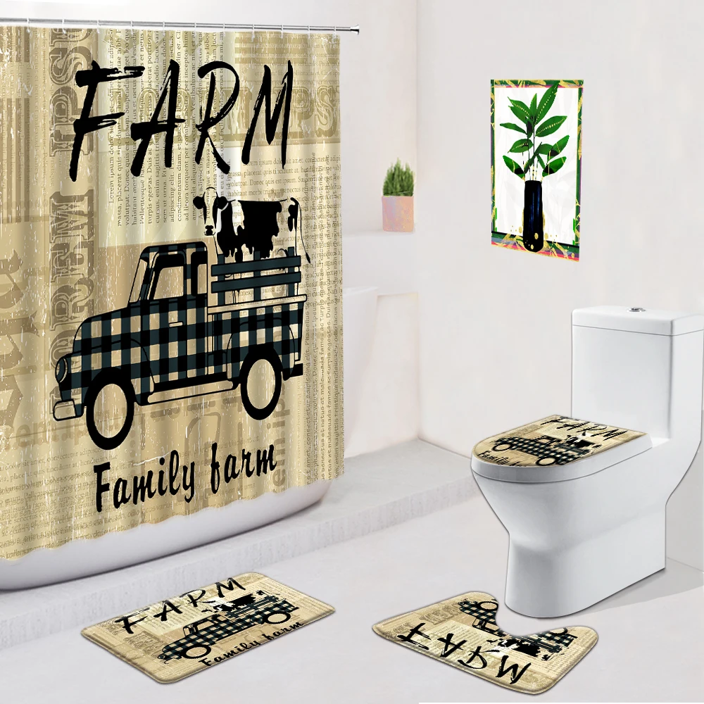 

Cattle Shower Curtain Farm Rural Animal Plank Stripe Bathroom Decor Non-Slip Flannel Carpet Bath Mat Toilet Foot Mats Doormat