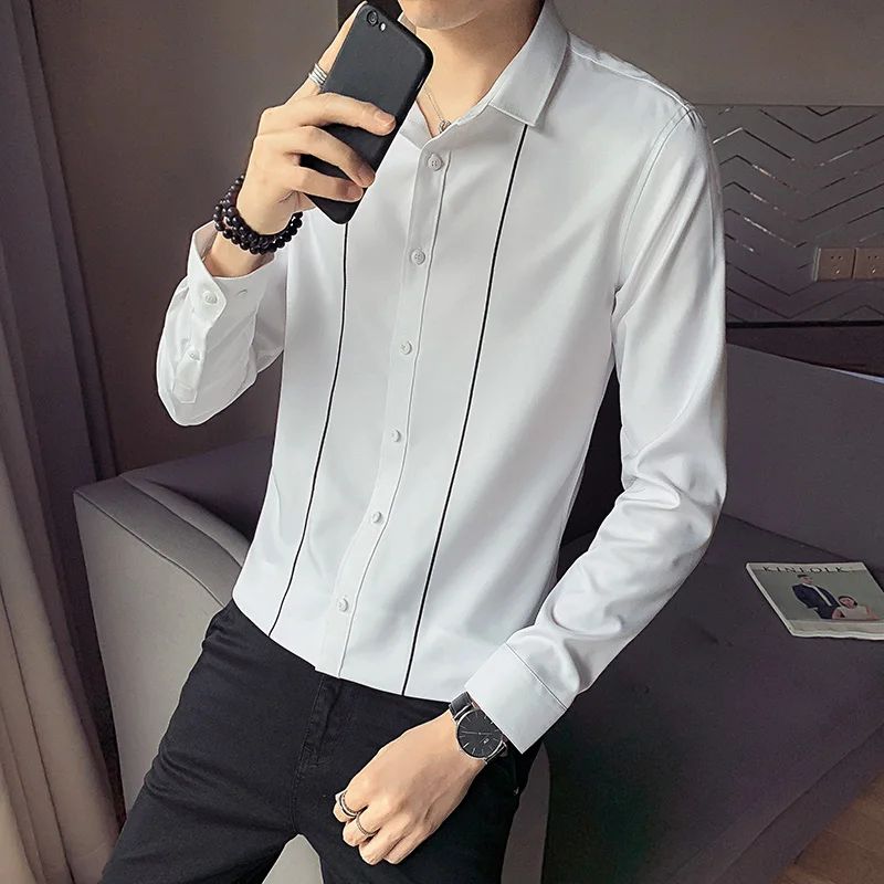 

Loldeal Fashionable Long-sleeved Shirt Men Slim Blended Cotton Soft Solid Color
