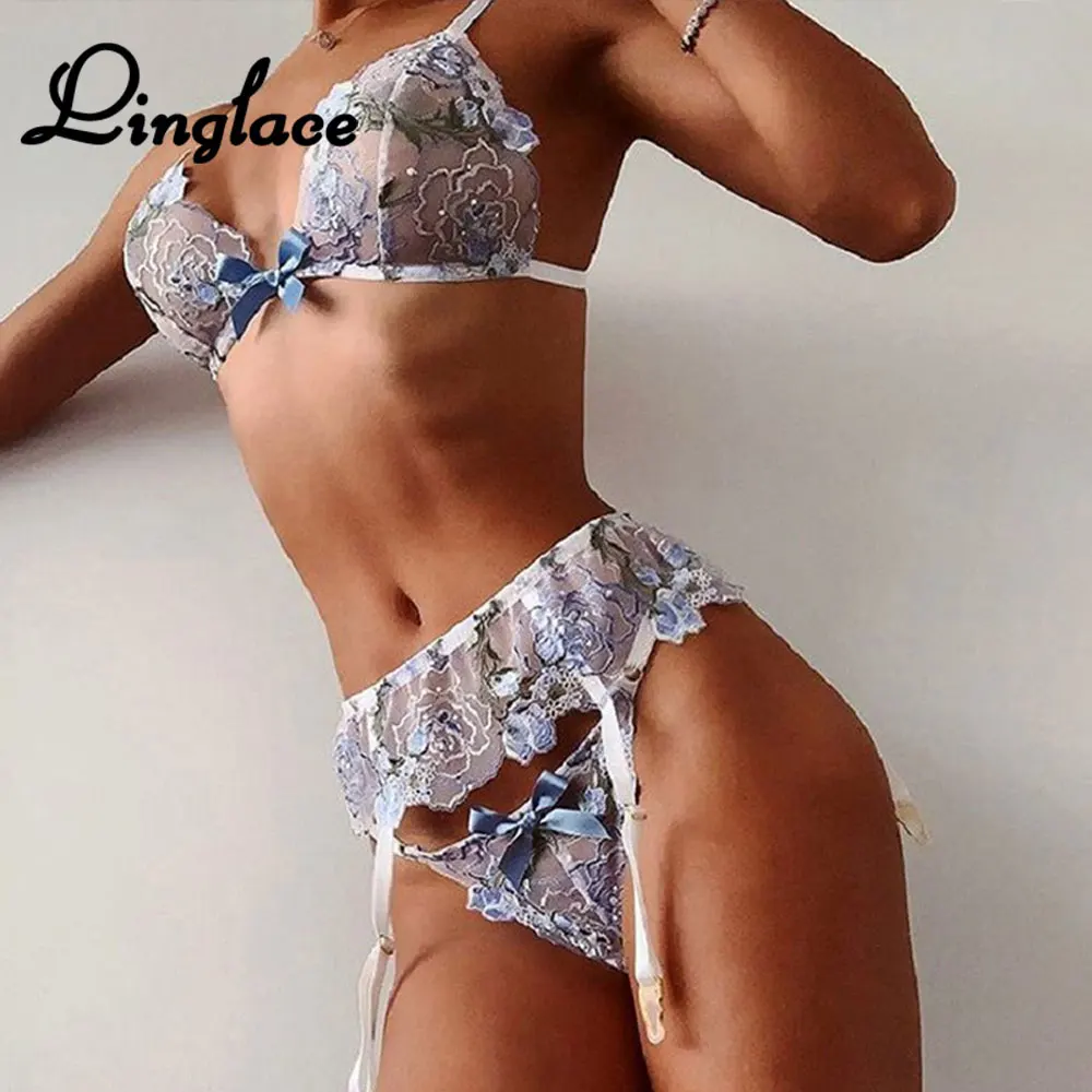 

Linglace Floral Lace Bras Set Sexy Women's Clothing Lingerie Set Bow Embroidery Transparent Bra Sets 3 Pieces Underwear Erotic