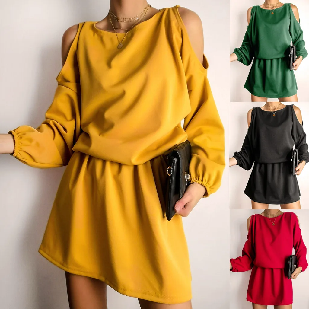 

Dresses for Women 2021vestido de mujer Summer Dress Fashion Women Sexy Solid O-Neck Long Sleeves Hollow Off Shoulder Mini Dress