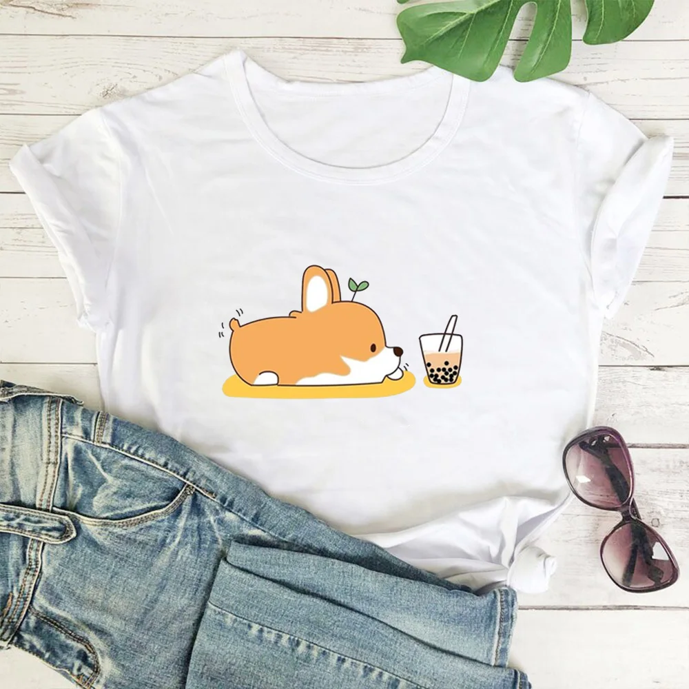 

Dog Milk Tea Women T Shirt Cute Cartoon Graphics Tee Shirt Women Simple Wild Tshirt Women White Leisure Tops Camisas Mujer