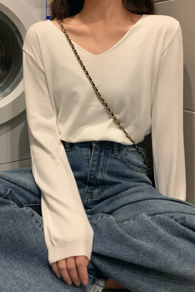 

Women Spring Summer Thin Knitted T-shirts Casual V Neck Long Sleeve Solid Color Loose Tops Fashion Chic Basic Tshirt for Girls