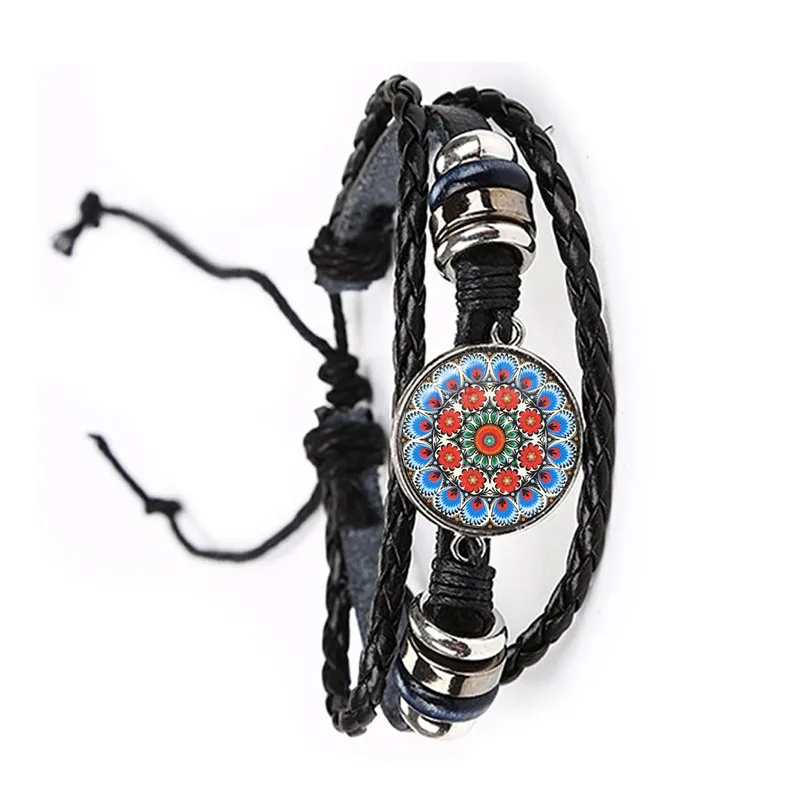 Ethnic Polish Folk Art Pattern Glass Cabochon Adjustable Leather Bracelet Bohemia Flower Print Bangle Jewelry For Women Men Gift | Украшения