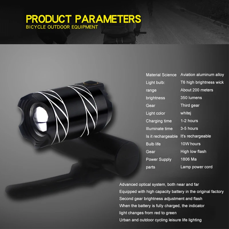 

Bicycle Headlight USB Rechargeable Handlebar Light Night Riding Lighting Strong T6 Zoom T6 Night Riding Strong Flashlig