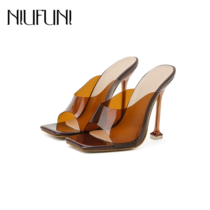Stiletto High Heels Open Toe Women's Slippers Summer Square Toe Fashion Sandals Transparent PVC Slides Slip-On Sexy Dress Shoes