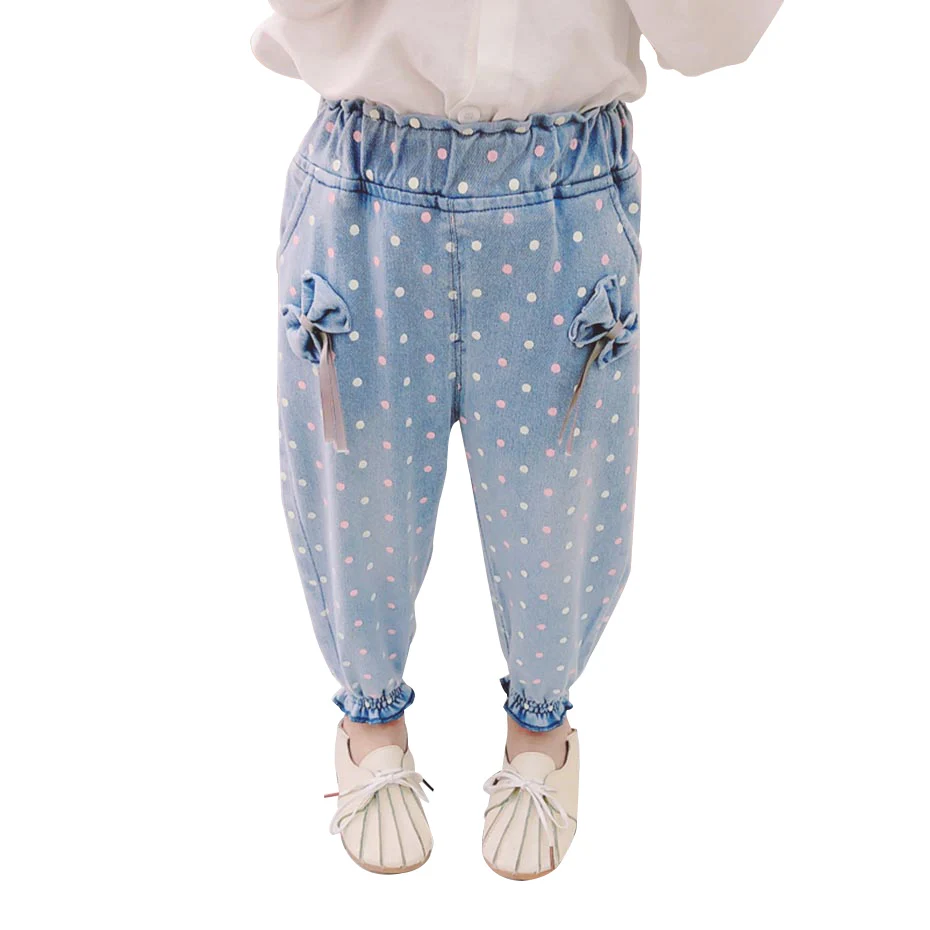 Джинсы для девочек с узором в горошек детские джинсы бантом одежда маленьких от 12