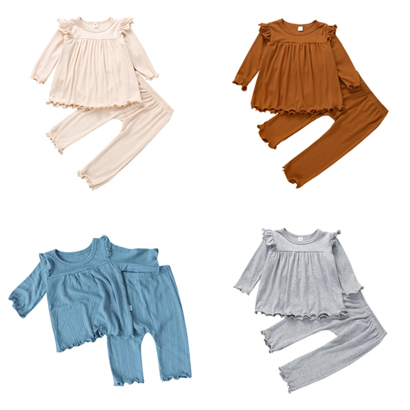 

Baby Girls Solid Color Casual Basic 2PCS Round Collar Long Fly Sleeve Top and Elastic Waist Pants Autumn Clothes Set Kids