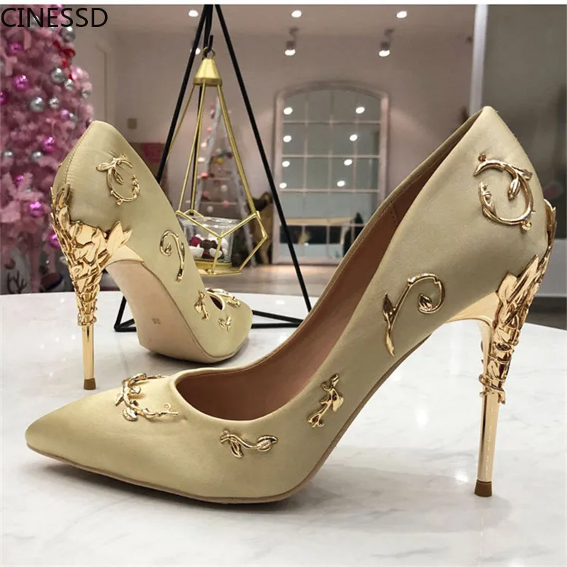 

Flower Metal Decorations Heel Women Pumps Genuine Leather Sheepskin Lining Pointed Toe Shoes Woman High Heels Pumps