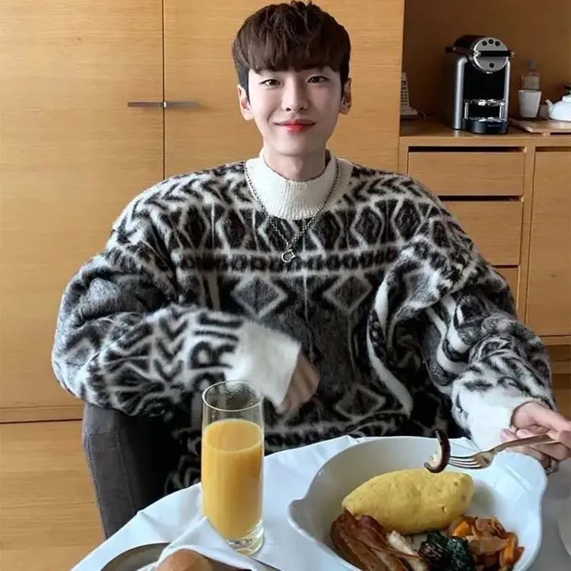 

Свитер мужской зимний винтажный, Свободный пуловер в стиле High Street, трикотажный топ с геометрическим узором, с круглым вырезом, в Корейском стиле