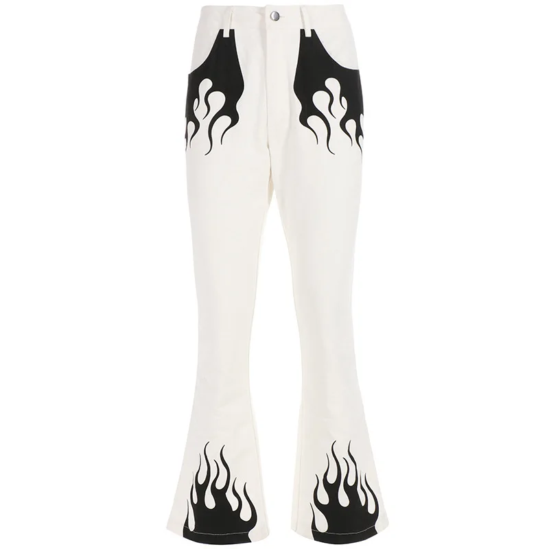 

Za New Y2K Casual Panelled Flame Print High Waist Jeans Flare White Pants Women Bottoms Harajuku Slim Fitness Patchwork Trousers