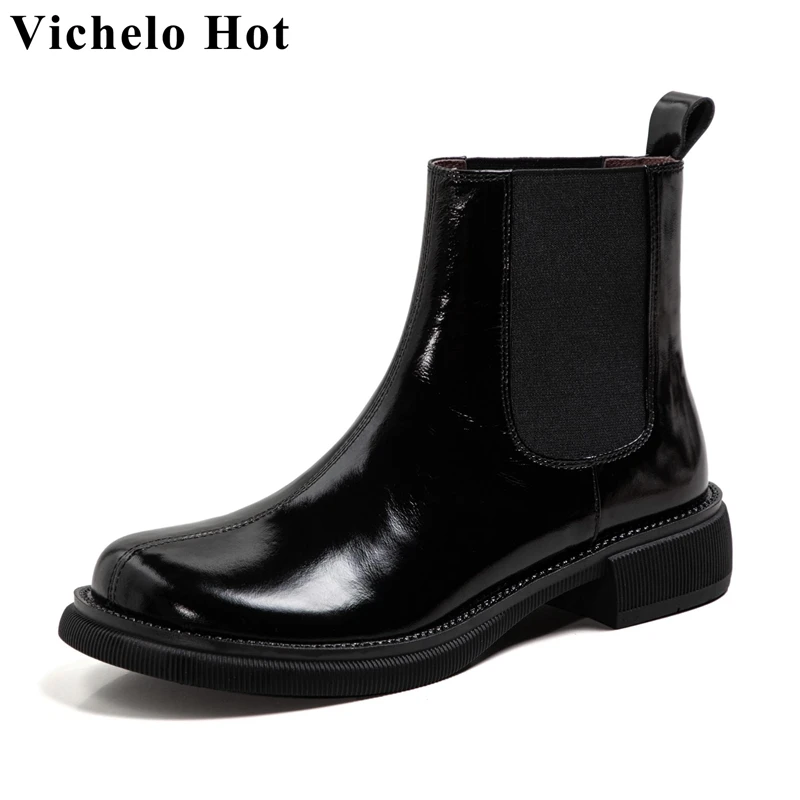 

Vichelo Лидер продаж 2022 новые лаконичные Ботинки Челси из коровьей кожи зимние ботильоны на толстом среднем каблуке с круглым носком без засте...