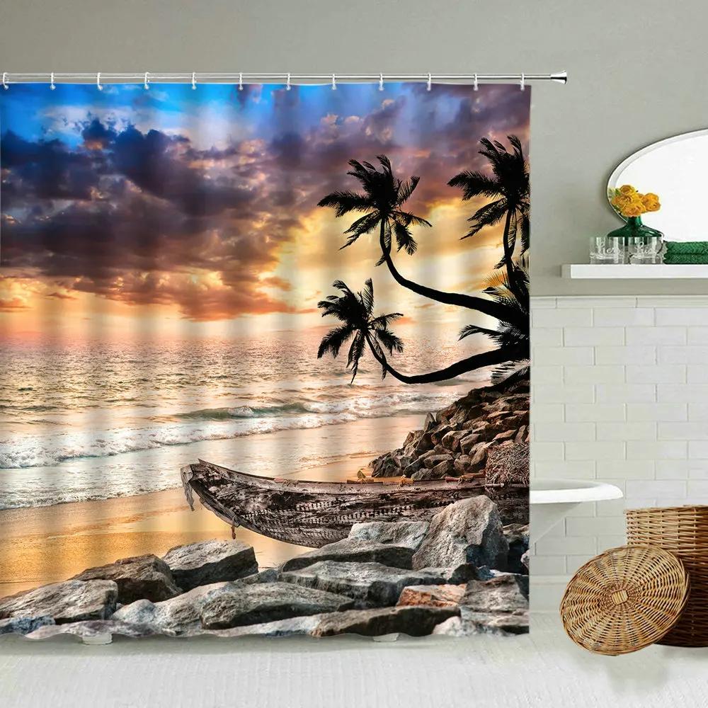

Beach Scenery Shower Curtain Sunset Glow Seaside Holiday Bathroom Bathtub Waterproof Polyester Partition Screen Home Decoration