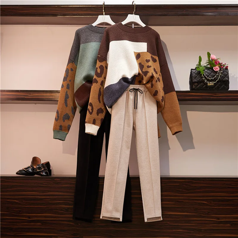 HAMALIEL свободный Свитер оверсайз комплект из 2 предметов Осень зима Леопардовый