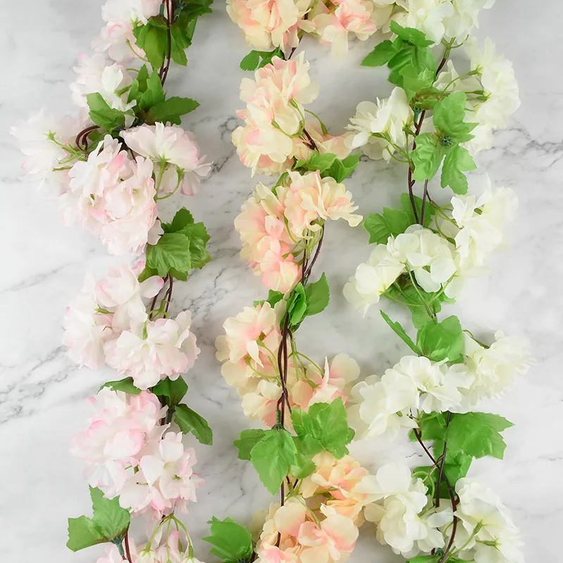 225cm Artificial Silk Flower Vine Pretty Pink Cherry Blossom Rattan Green Leaves String Garland for Wedding Home Decoration | Дом и сад
