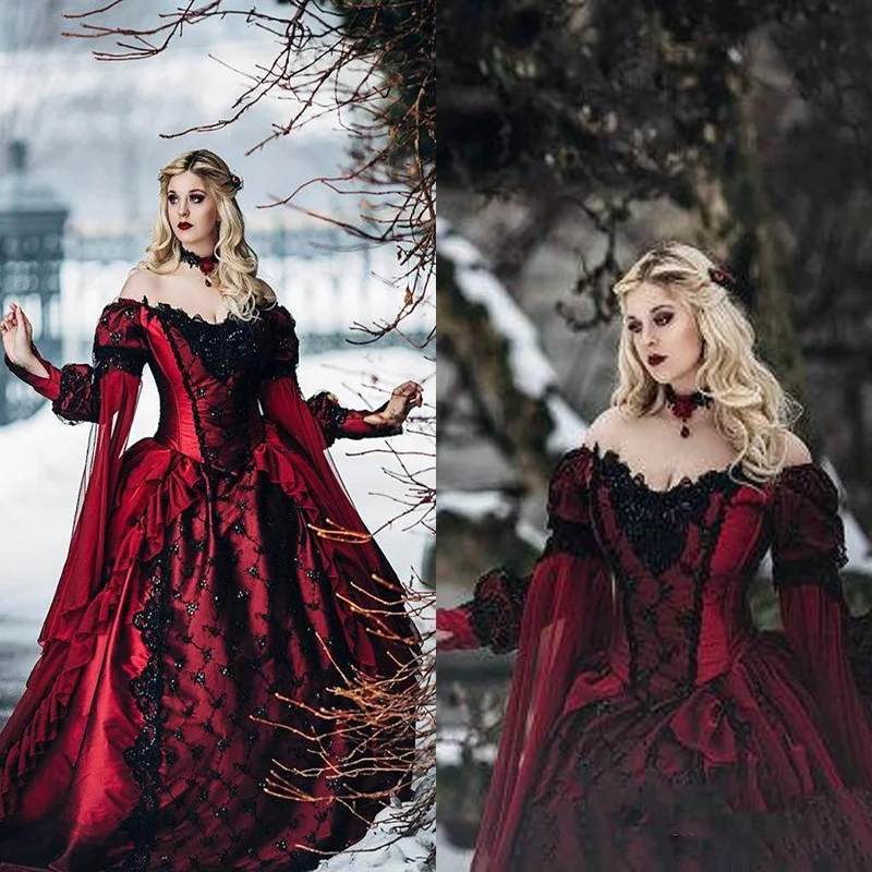 

Gothic Sleeping Beauty Princess Medieval burgundy and Black Wedding Dress Long Sleeve Lace Appliques Victorian masquerade Bridal