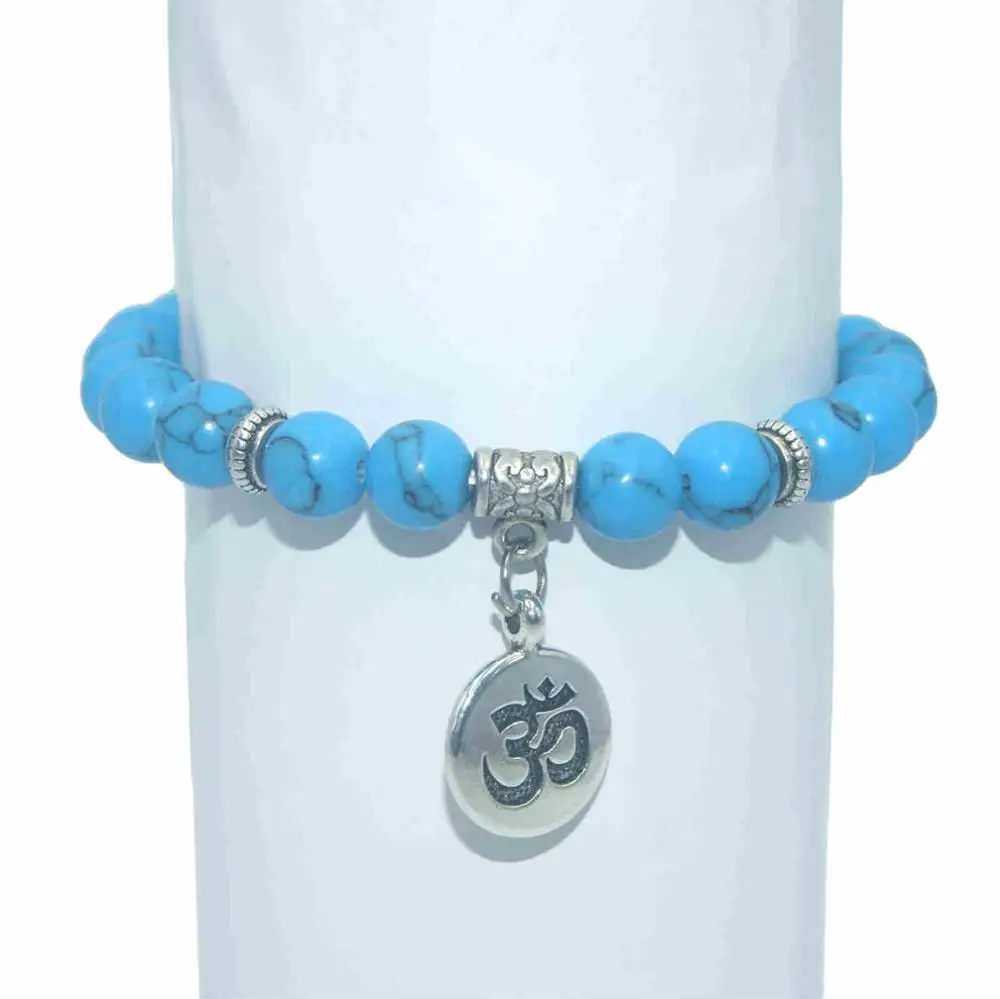 Blue turquoise 8 мм натуральный камень Ом бусины лазурит Агаты бусины с тигровым глазом браслеты для женщин мужчин Йога чакра мала Шарм браслет ювелирные изделия - Окраска металла: Blue turquoise