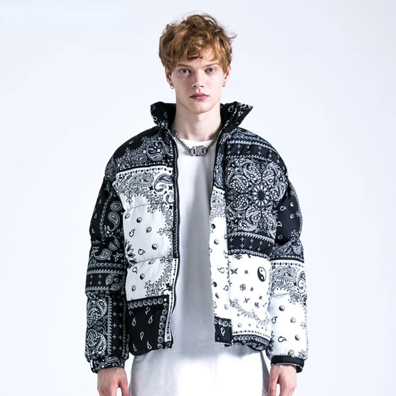 

2021 Harajuku Streetwear Cotton Padded Parka Jackets Bandana Paisley Pattern Print Thick Warm Coats Hip Hop Winter Tops