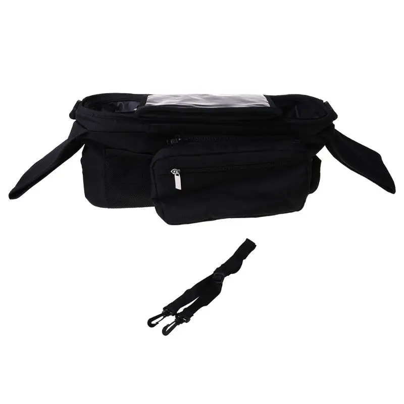 

Pram Buggy Organiser Bag & Pram Organiser Bag with Mobile Phone Pocket Holder & Zipped Lid. Black Pushchair Organiser