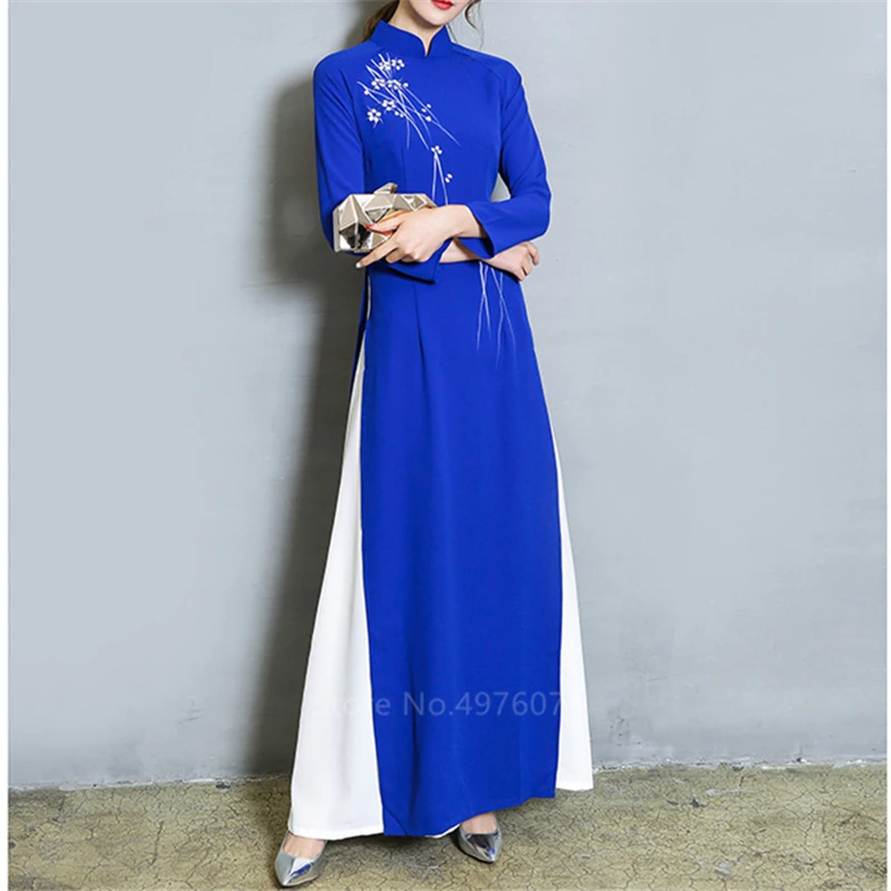 Blue Новые вьетнамские халаты в народном стиле, шифоновое изящное платье Aodai, элегантное, со стоячим воротником, традиционная одежда, цветочный чонсам - Цвет: Blue