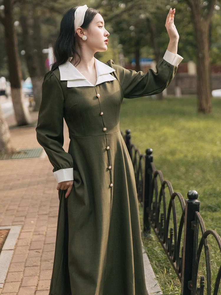 

2021 new fashion women's clothing Turn-down Collar vintage dresses women woman dress Spring/Autumn