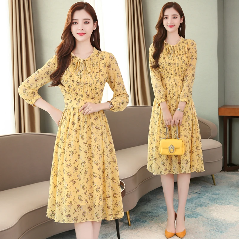 

Autumn Women Yellow Slim Print Floral Boho Dress Long Elegant Casual Lady Vacation Dress Spring Vintage Long Sleeve Korean Dress