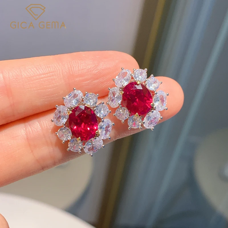 

GICA 100% 925 Sterling Silver Ruby High Carbon Diamond Flower Stud Earrings For Women Sparkling Wedding Fine Jewelry Wholesale