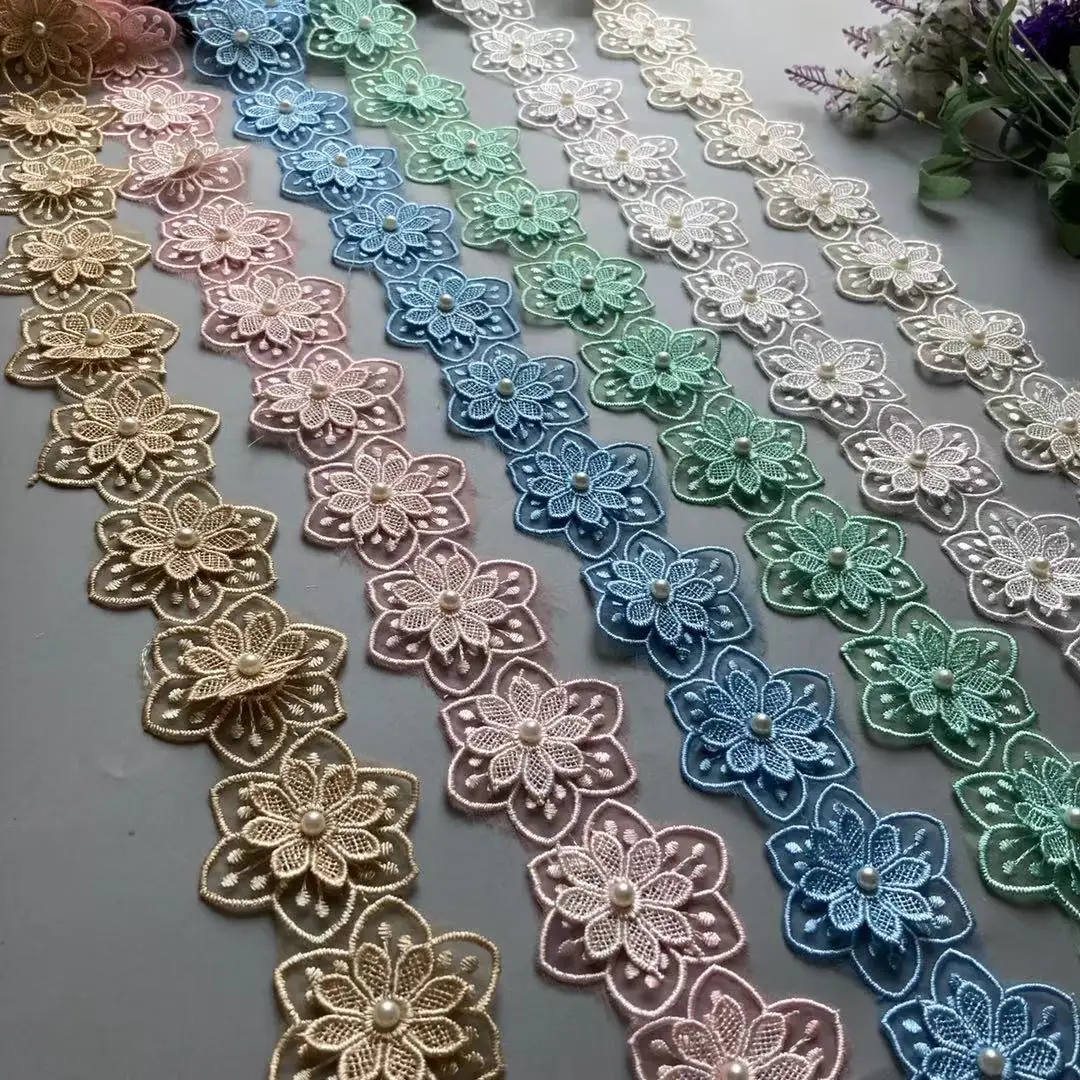 

10x Lace Pearl Trim Ribbon 3D Floral Beaded Flower Embroidered Applique Patches Dress Fabric Sewing Craft Vintage 5.5X5.5cm New