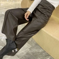 2021 women faux leather high waist pant straight pant trousers all match fall vintage leisure elegant office lady wide leg pants