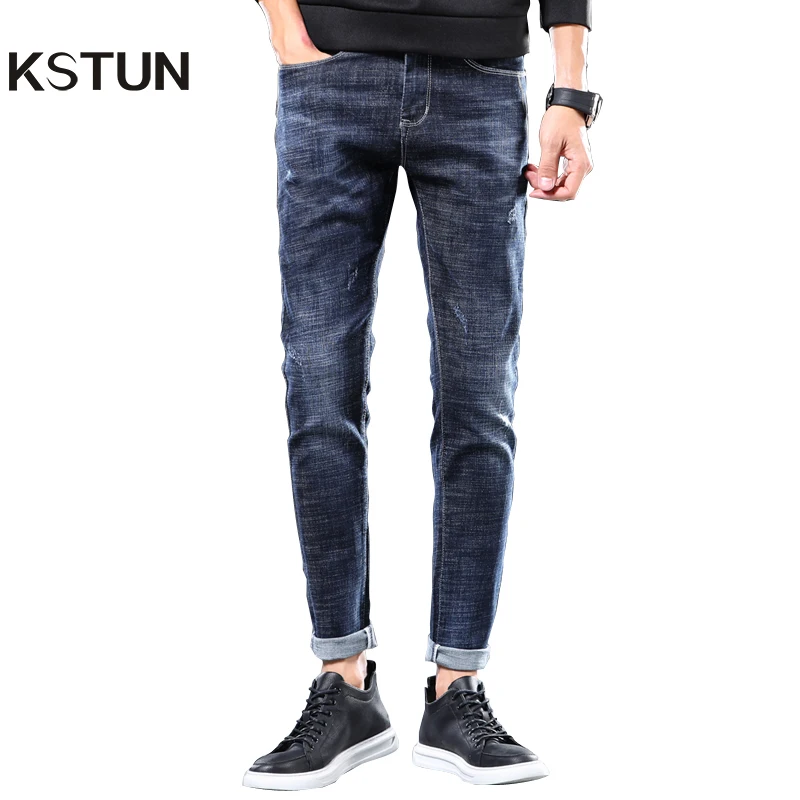 

KSTUN Mens Jeans Brand Stretch 2021 Slim Fit Solid Blue Casual Denim Pants Full Length Male Trousers Jeans Cowboys Jean Hombre