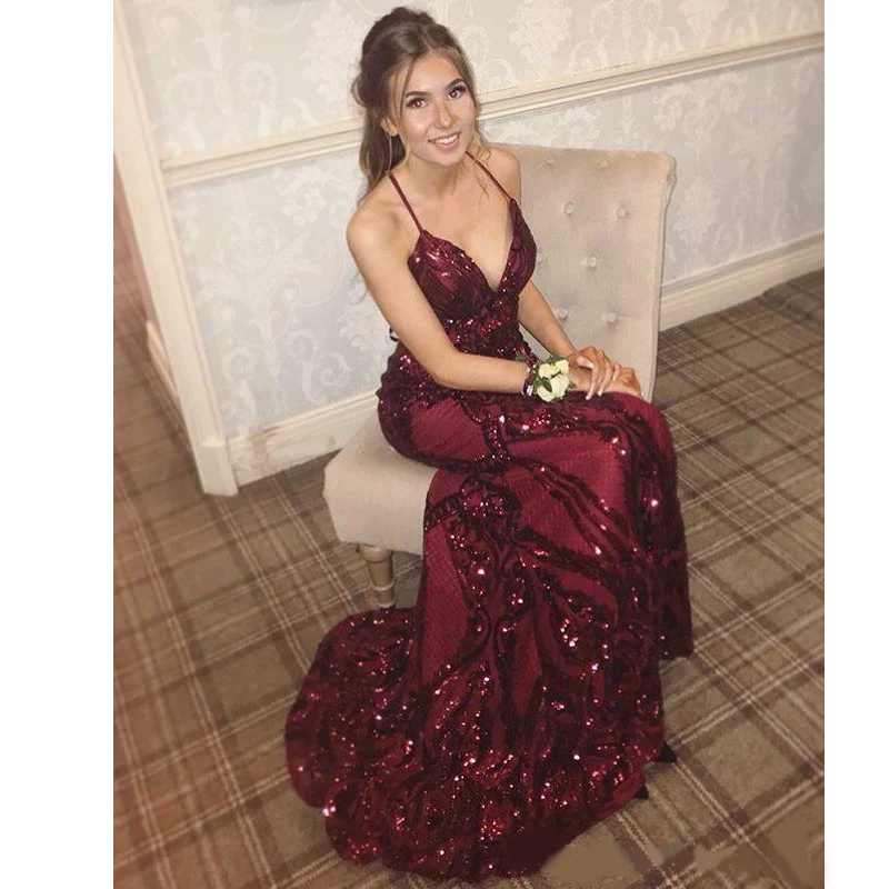 

Wine Red Sequins Evening Dresses Sexy V-Neck Spaghetti Backless Prom Gown