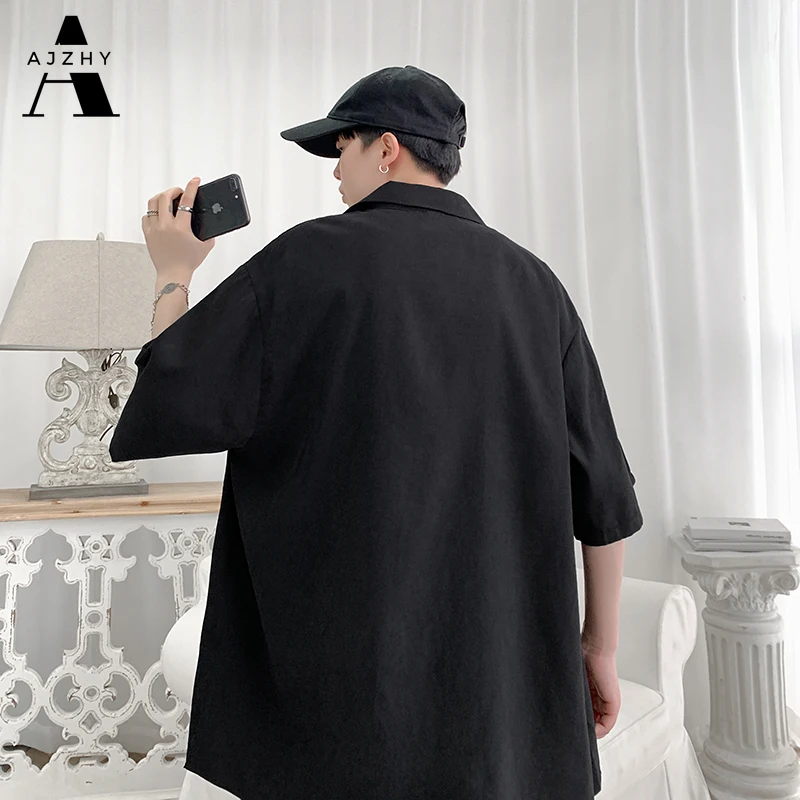 Streetwear Shirt Men Solid Cotton Plus Size Short Sleeve Shirts Loose Summer Fashion Casual Korean Shirt Mens Tops Clothes 2021