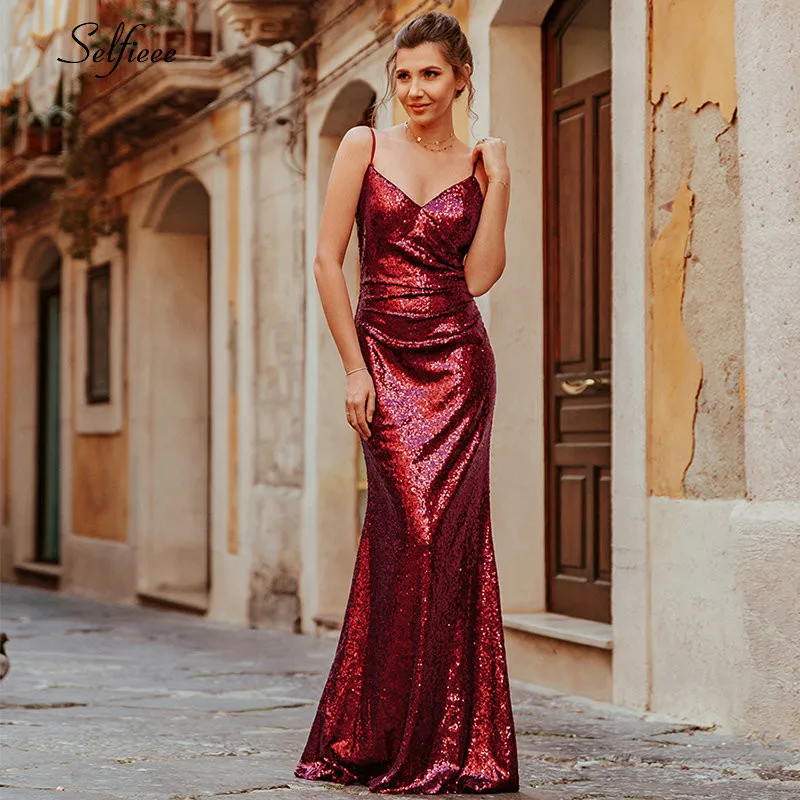 Женское платье с блестками длинное облегающее вечернее Русалка v образным