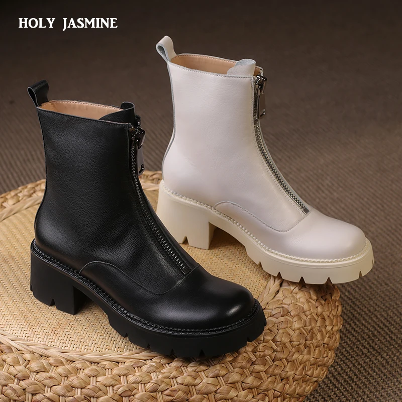 

2021 Autumn New Arrive Genuine Leather Boots Women Shoes Thick Heel Platform Casual Shoes Front Zipper Fashion Ankle Boots Women
